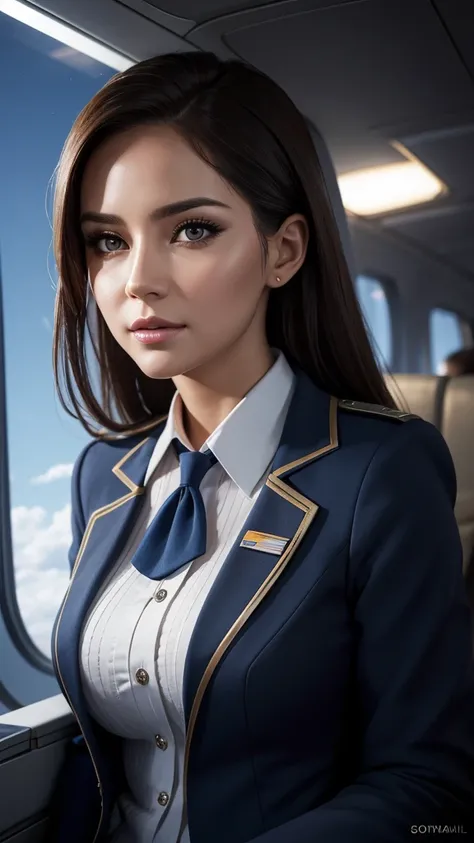 a beautiful woman in a flight attendant uniform, intricate detailed portrait, photorealistic, high resolution, HDR, 8K, masterpiece, cinematic lighting, epic background, shallow depth of field, best quality