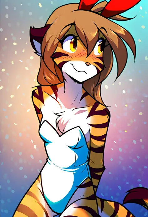 score_9, score_8_up, score_7_up, score_6_up, score_5_up, score_4_up, source_furry, a female anthro fluffy, female, furry, anthro, tkflora, tiger, striped fur, keidran, yellow eyes, solo, small breasts, anthro, (blush, looking away, hands behind back:1.15),...