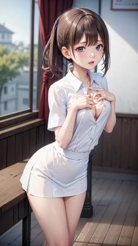 8K quality、High resolution、Man and woman in love、A man presses his penis against a woman from behind、Sexする、Beautiful fair skin texture、High resolutionの瞳、Japanese high school girls、Summer uniform、Open-neck short-sleeved white shirt、Cleavage、mini skirt、Brown...