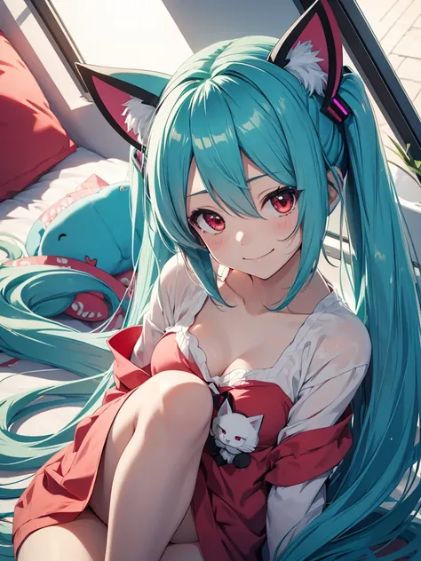 hatsune miku, pijama, red eyes, cat ears, smiling, kneling