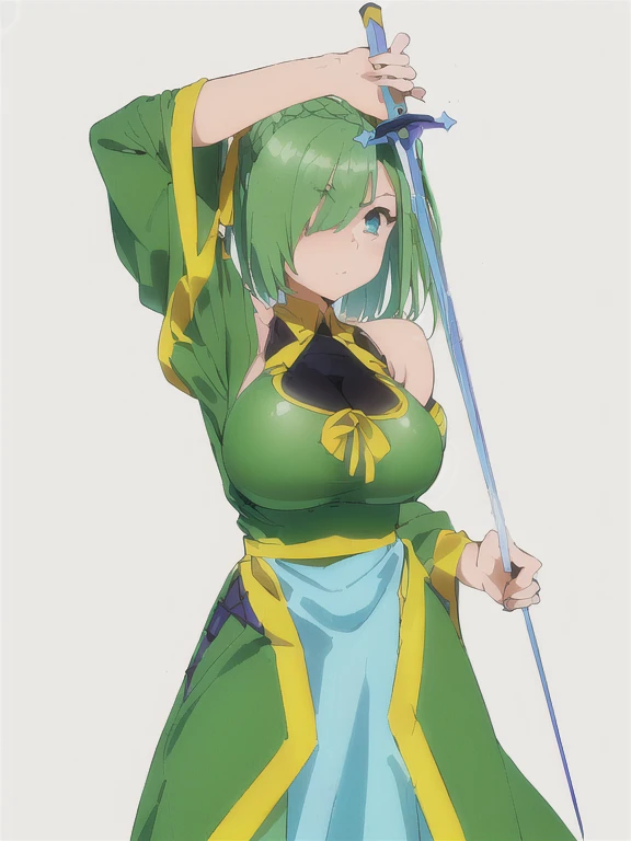 a close up of a person holding a sword in a dress, holding rapier, ((gigantic sagging breasts, large breasts, gigantic breasts, ...