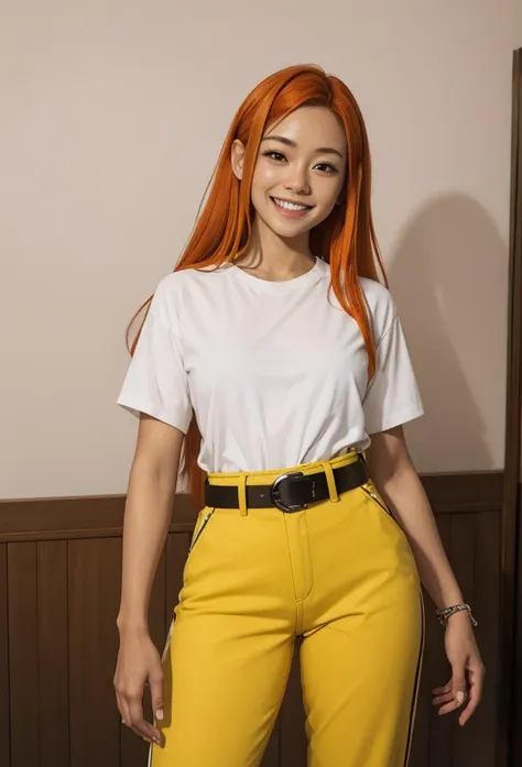 1girl, solo,smile,orange hair,long hair,black eyes,white shirt,belt yellow pants,looking at viewer