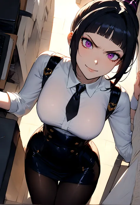 juri han, work of art, tight white secretary shirt with black tie, black high waist skirt, short skirt,stocking, black hair, black tights, smile,office,bangs on the eyes,lighting,horn of hair,view from above,staring overhead,brava,Angry
