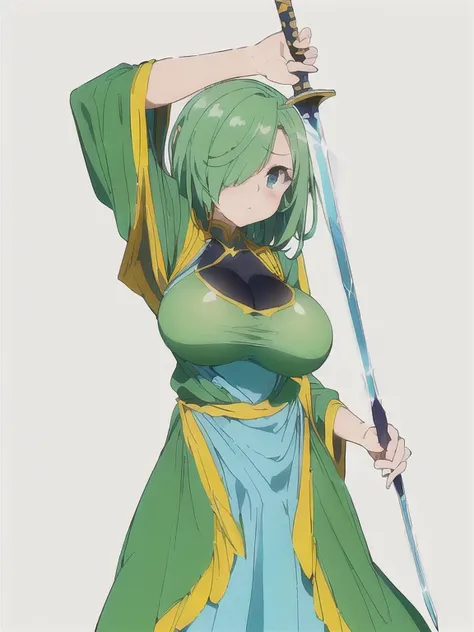 a close up of a person holding a sword in a dress, holding rapier, ((gigantic sagging breasts, large breasts, gigantic breasts, ...