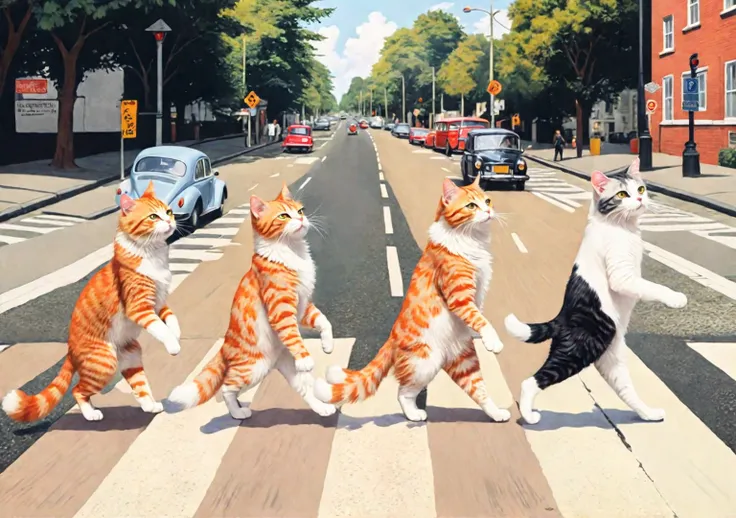 The ginger cat and the gray tabby cat and the black cat and the white cat, walking on two legs in line, crosswalk on the road, parody with the beatles abbey road poster, digital anime painting style