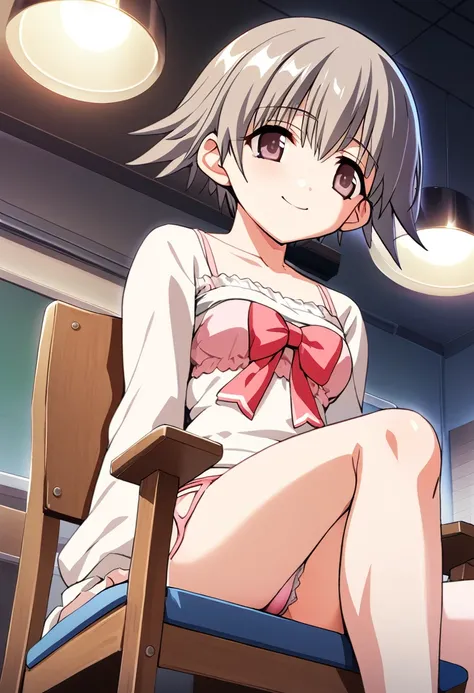 One girl,((Nozomi)),smile、Gentle expression、Welcome、The whole body is shown、classroom、night、Illuminated by lights、Pink underwear、Sitting on a chair、Leg spread、from below,A complete depiction of the human body,masterpiece, Highest quality, Game CG, ultra de...