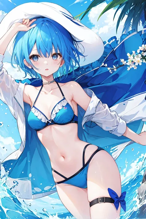 Girl、Blue hair short、bikini、sexy