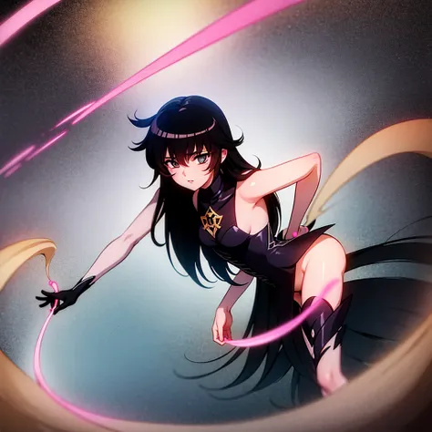 1 girl, cos atraente, Bblack hair, city destroyed, detailedeyes, cos, hand and arm, flegs, ​masterpiece, perfect, Magical Girl, Shoujo, Machimaho, Magical Girl Holy Shit