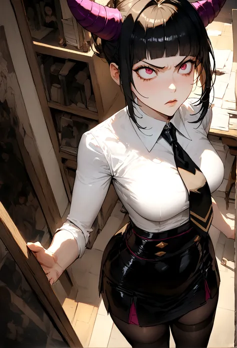 juri han, work of art, tight white secretary shirt with black tie, black high waist skirt, short skirt,stocking, black hair, black tights,office,bangs on the eyes,lighting,horn of hair,view from above,staring overhead,brava,Angry
