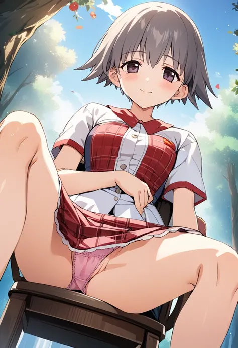 One girl,((Nozomi)),smile、Gentle expression、Welcome、The whole body is shown、forest、blue sky、Pink underwear、uniform、skirt、panty shot,Sitting on a chair、Leg spread、from below,A complete depiction of the human body,masterpiece, Highest quality, Game CG, ultra...