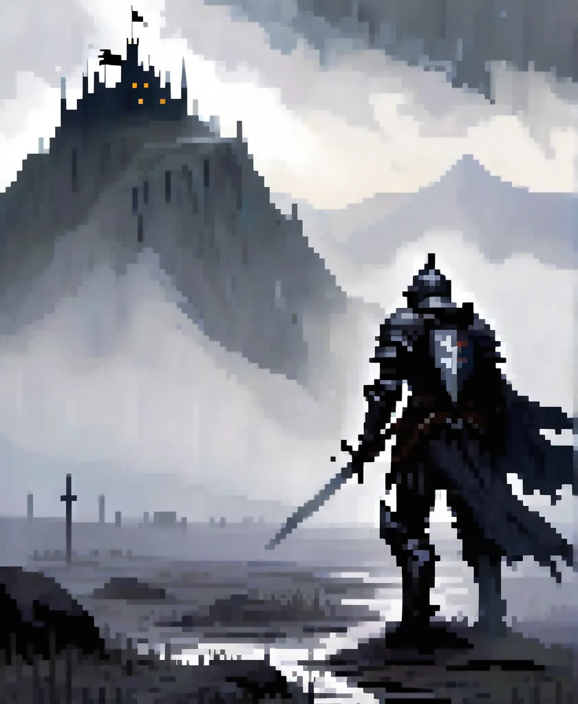 In the midst of a fog-laden battlefield, a valiant gothic black knight clad in battered armor crawls painfully through the mud, arrows protruding from his back. The looming silhouette of a foreboding mountain stands in the distance, shrouded in mist and my...