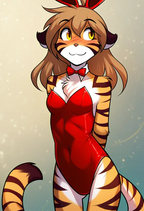 score_9, score_8_up, score_7_up, score_6_up, score_5_up, score_4_up, source_furry, a female anthro fluffy, female, furry, anthro, tkflora, tiger, striped fur, keidran, yellow eyes, solo, small breasts, anthro, (blush, looking away, hands behind back:1.15),...