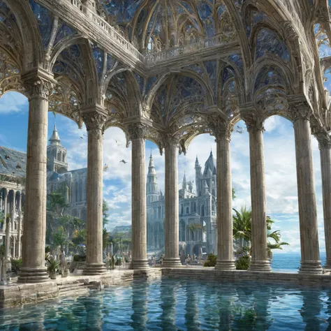 ((best quality)), ((masterpiece)), ((realistic,digital art)), (super detailed), (grand temple du dieu de la mer sur une vaste place), bassins, (style fantasy)