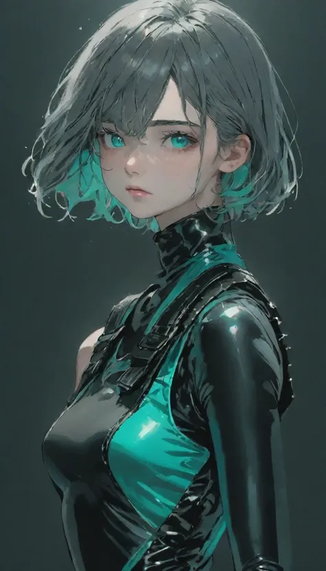 Polychromatic, 1 girl, night, dark, Gray hair,(Detailed drawing of the eye), Sharp eyes, angry, Looking at the audience, Latex shiny tights, Black shiny bulletproof vest, Upper Body, , Limited color palette, black background,Shiny turquoise,