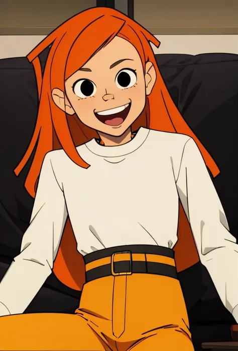 1girl, solo,smile,open mouth,orange hair,long hair,black eyes,white shirt,belt yellow pants,looking at viewer