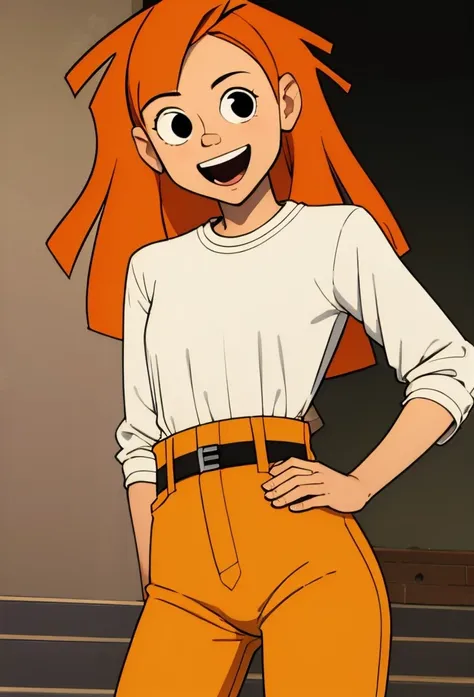 1girl, solo,smile,open mouth,orange hair,long hair,black eyes,white shirt,belt yellow pants,looking at viewer