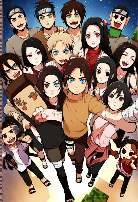 Eren,mikasa,tanjiro,nezuko,naruto,selfi with common boy Minecraft version 