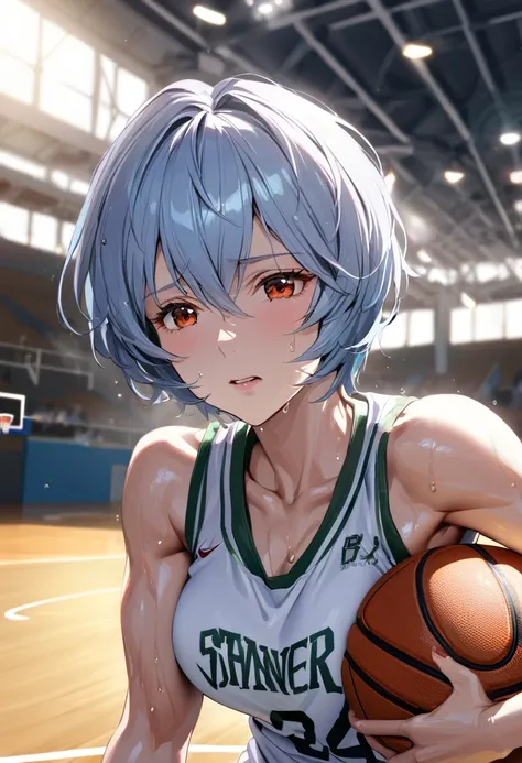 (Mastepiece, best quality, absurdres), close up shot, 1girl, ayanami rei, light blue hair, short hair, mature female, holding a basketball in hand, wearing a basketball jersey, basketball court, looking at wiewer, (exhausted, sweating), toned body, medium ...