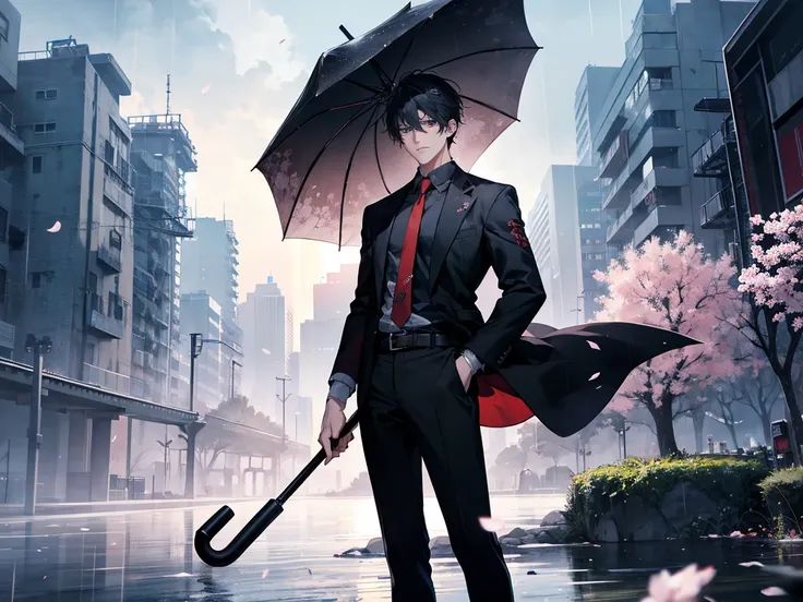 1 male,, 26 years old, Masculine, Short black hair, Charm, Red tie, White shirt, Rolled up my sleeves, Black belt, Black trousers, Sea color eyes, Beautiful Blue Eyes、Beautiful Hair、Expressionless, Black umbrella with cherry blossom pattern, Trending on Ar...