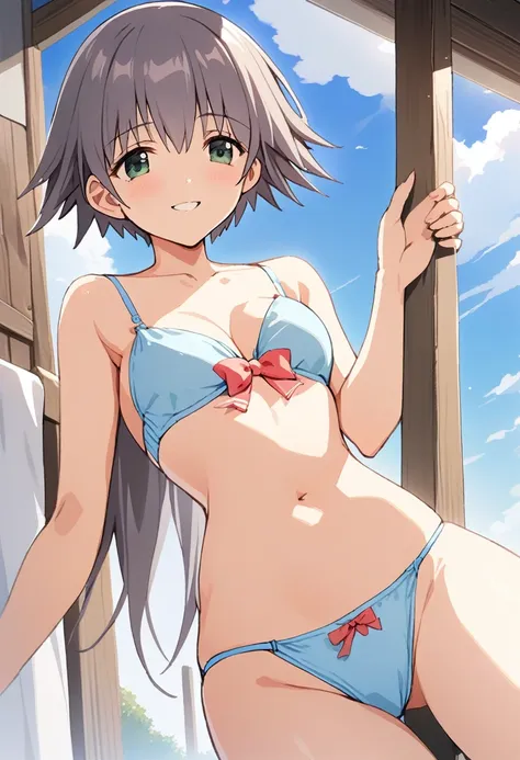 One girl,((Nozomi)),smile、The whole body is shown、countryside、blue sky、Cute string panties and string bra、Leg spread、from below,A complete depiction of the human body,masterpiece, Highest quality, Game CG, ultra detailed、highres、extremely detailed CG
