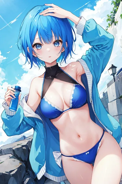 Girl、Blue hair short、bikini、sexy