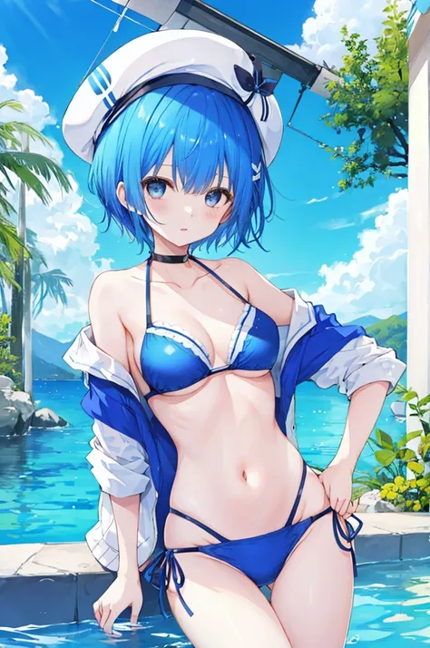 Girl、Blue hair short、bikini、sexy