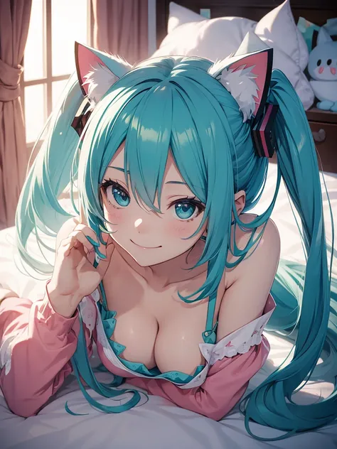 hatsune miku, pijama, cat ears, smiling, kneling, big tits