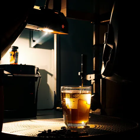 A VIDEO GAME CUP WITH A BLACK BACKGROUND THAT PROJECTS VERY BEAUTIFUL RAYS OF ORANGE AND WHITE COLORS AND THAT LIGHTS UP THE CUP , THAT FROM THE BACKGROUND YOU SEE A LABORATORY 