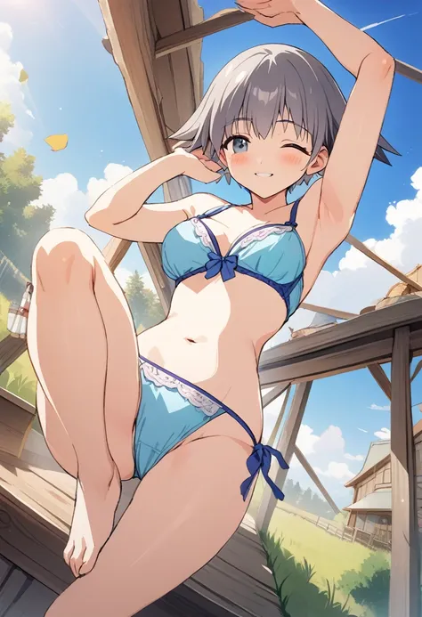 One girl,((Nozomi)),smile、The whole body is shown、Cute pose、countryside、blue sky、Cute string panties and string bra are visible、Leg spread、from below,A complete depiction of the human body,masterpiece, Highest quality, Game CG, ultra detailed、highres、extre...