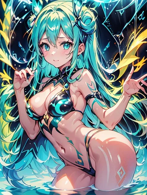 Miku Hatsune,árabe, piel bronceada, alta definicion, orejas de kitsune, tatuaje tribal, tribal body painting, censured body painting alta definicion, rostro en alta definicion detallado 4k, iris altamente detallados, add_detail:1, vista cuerpo completo, su...