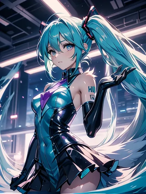 miku hatsune x vixen, primer plano  high definition, jealous, hands together upset, high definition, purple iris