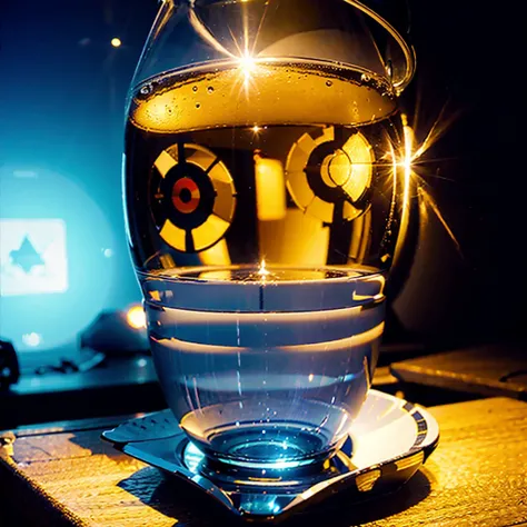 A VIDEO GAME CUP WITH A VIDEO GAME BACKGROUND THAT PROJECTS VERY BEAUTIFUL RAYS OF ORANGE AND WHITE COLORS AND ILLUMINATES THE CUP , THAT FROM THE BACKGROUND YOU SEE A LABORATORY , The best quality 