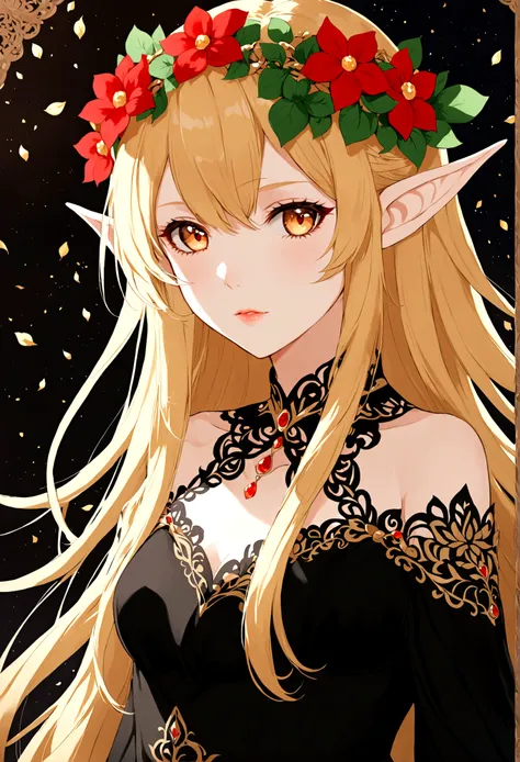 anime - style image of a woman in a black dress with a flower crown, elf girl, elf girl wearing an flower suit, elf princess, zerochan art, blonde anime girl with long hair, cushart kenz, rossdraws sakimimichan, trends on artstation pixiv, an elf queen, an...