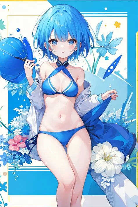 Girl、Blue hair short、bikini、sexy