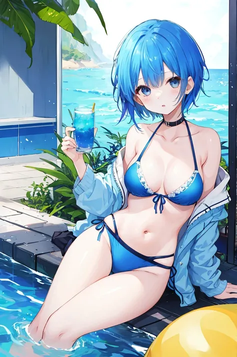 Girl、Blue hair short、bikini、sexy