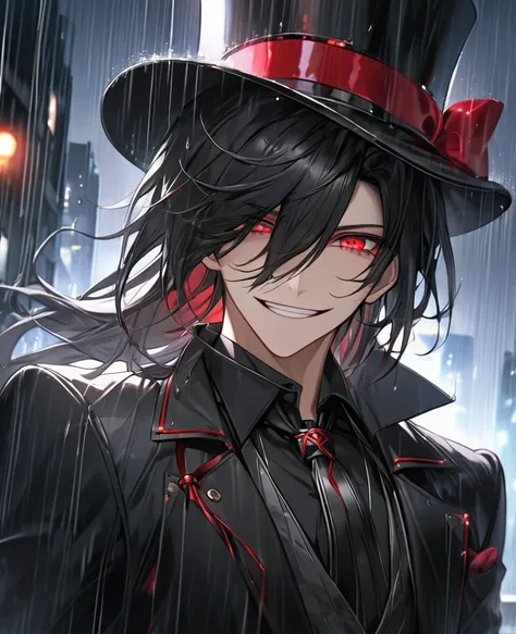  (black_hair), (red_Blood_eyes), (detailed_eyes), (crazy_smile), (attractive), (night_city_background), (raining), (glowing_eyes), (male), (wearing _a_black_suit), (long_male_hair), (detailed_Hair), (detailed), (detailed_mouth), (broad_shoulders), wears a ...