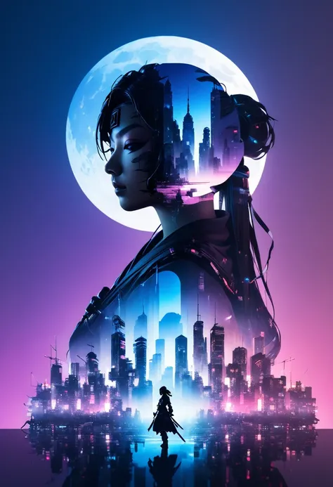  mate piece, silhouette, Kunoichi, logo, monotony, moon, double exposure, cyberpunk city, depth of field, (holographic glow effect), masterpiece,