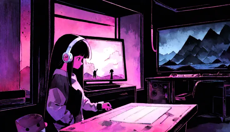 (zero), Girl studying in room, Reading a book, Wear headphones, , night lighting, Neon scenery on a rainy day,Analog Color Theme, Lo-fi Hip Hop , retrospective exhibition, flat, 2.5D ,Draw a line, Ink painting, Large slope, watercolor, Amazing color, Studi...