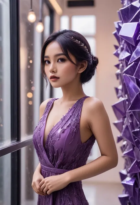 1 beautiful Indonesian girl,wearing a luxurious purple dress, there is a rabbit tattoo on the back of his shoulder that says "LIDIA" was standing leaning against the glass wall,purple glass shards background,there are LED lights,hair blowing in the wind