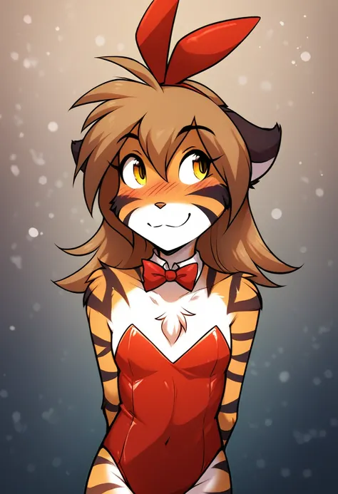 score_9, score_8_up, score_7_up, score_6_up, score_5_up, score_4_up, source_furry, a female anthro fluffy, female, furry, anthro, tkflora, tiger, striped fur, keidran, yellow eyes, solo, small breasts, anthro, (blush, looking away, hands behind back:1.15),...