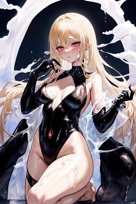 Full body black rubber suit　A slimy body covered in mucus rain　Pouring rain　My whole body is covered in mucus　anime　Figure skater　The whole body has a metallic sheen　Blonde Long Hair　Pouring rainずぶ濡れ　Gothic Black Choker　Wet and transparent black super long...