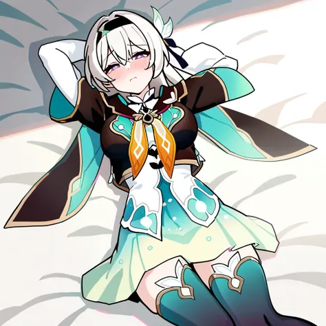 1girl, firefly (honkai: star rail), solo, black thighhighs, hairband, gradient skirt, hair ornament, blouse, frilled collar, cropped jacket, yellow neckerchief, cowboy shot, lying on back, bed, embarrassed, blush, arms up , masterpiece, best quality, high ...