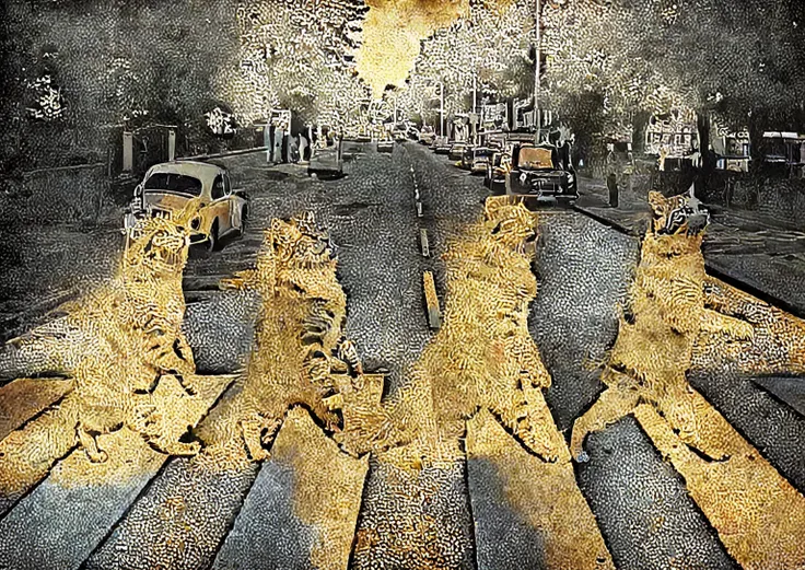 The ginger cat and the gray tabby cat and the black cat and the white cat, walking on two legs in line, crosswalk on the road, parody with the beatles abbey road poster, digital anime painting style