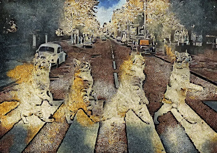 The ginger cat and the gray tabby cat and the black cat and the white cat, walking on two legs in line, crosswalk on the road, parody with the beatles abbey road poster, digital anime painting style