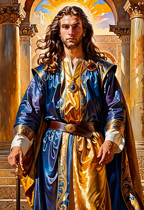 King David standing, proud body highlighting his power and glory detailed portrait, tails, long brown hair, royal robe, majestic background, ancient city, golden light, wise expression, Historical accuracy, oil painting, complex brush strokes, swirly vibra...