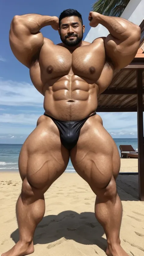 There is only one handsome Asian actor in the photo，35 years old，High target, Fitness，short hair, O-Shaped Beard，Perfect body, Dark skin color，Radiant Skin，Smooth skin，Muscle bulge, muscular, Very large pectoral muscles，Very sexy abdominal muscles，Very wel...