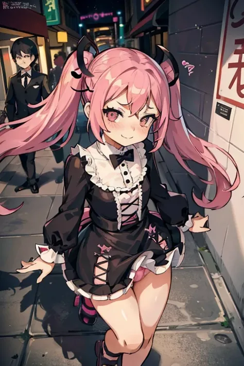 Young girl with pink hair, long twintail hairstyle, small bushy eyebrows, wearing gothic lolita clothes, lolicon (Zankuro) drawing style by zankuro artist, Zancrow style, image uploaded in R34, walking in the mall, flirty smile , suddenly having sex in pub...