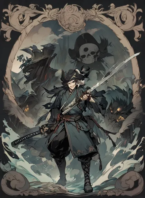 man ,Male Dark, dark Woods,dark colors, odd eye, samurai dnd, pirate background, hold katana in right hand