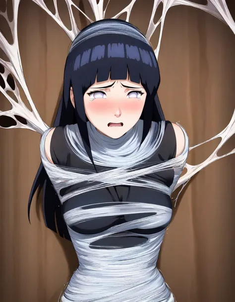 masterpiece, best quality, 1girl, solo, looking at viewer, hinata(shippuden), length hair, messy hair，large breasts , breasts out,  (arms behind back:1.4), hanging,spiders in the web,long spider, Hinata, desperate，struggle, entangled, scared face, crying, ...