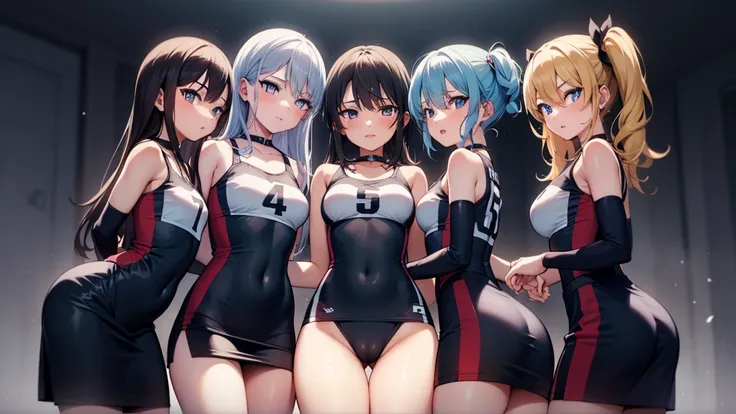 (4girls:1.5),Hoshimachi Suisei,blue eyes,blue hair,choker,hair between eyes,medium hair,side ponytail,Star choker,(small breasts:1.2),
BREAK (blouse and long skirt:1.2),
BREAK (crotch rope walking:1.0), volleyball player, shiny skin, watching the view, sed...